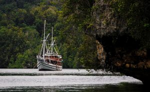 Lady Denok at anchor in the Banda Sea, Indonesia